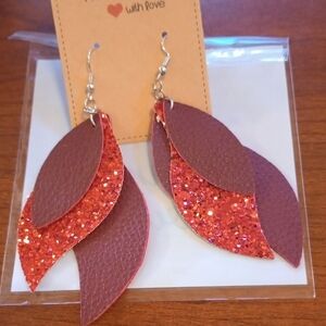 5/20 Handmade Glitter Leaf Red Earrings
